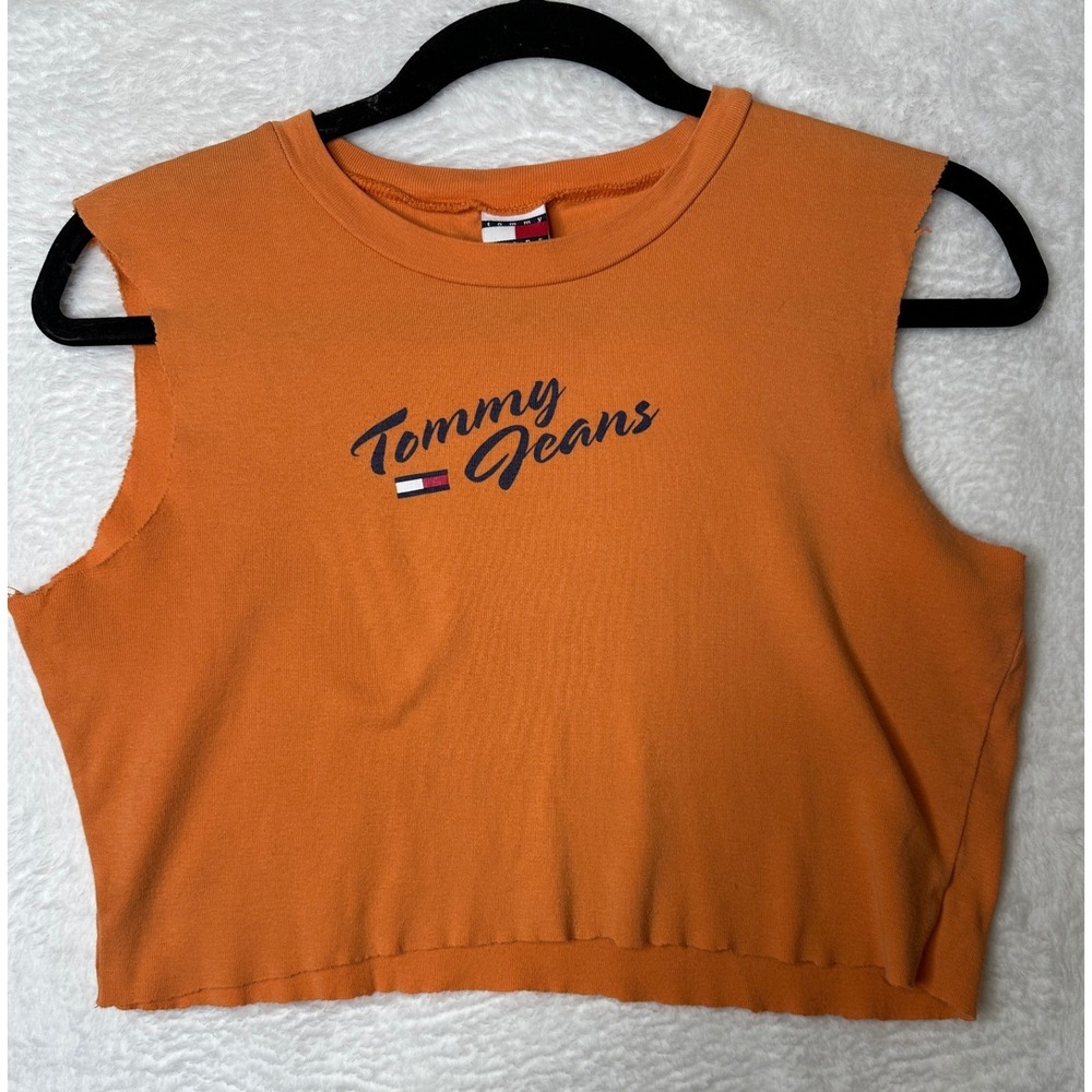Tommy Jeans Crop Top Womens Large Orange Raw Hem Sleeveless Script Logo
